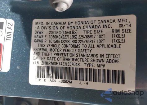 2014 Honda Cr-V Ex-L z USA, uszkodzony, nr VIN 2HKRM3H74EH557048